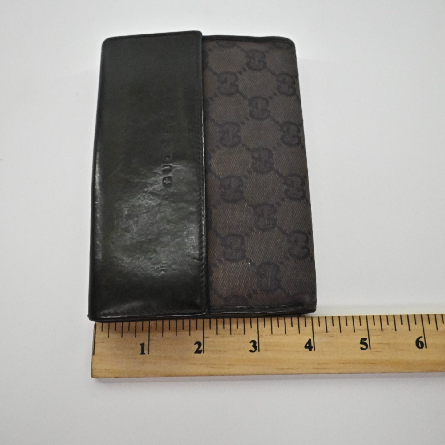 Vtg GUCCI Wallet Brown Leather Classic Monogram GG Logo Print Fold Compact