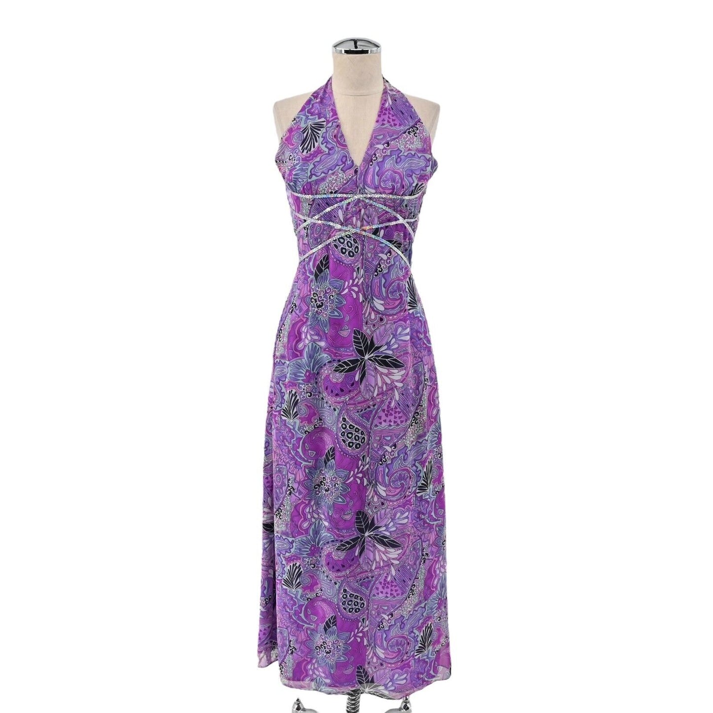 Vtg GUNNE SAX Dress Womens Size 3 Purple Paisley Millennium 2000 Halter Maxi USA