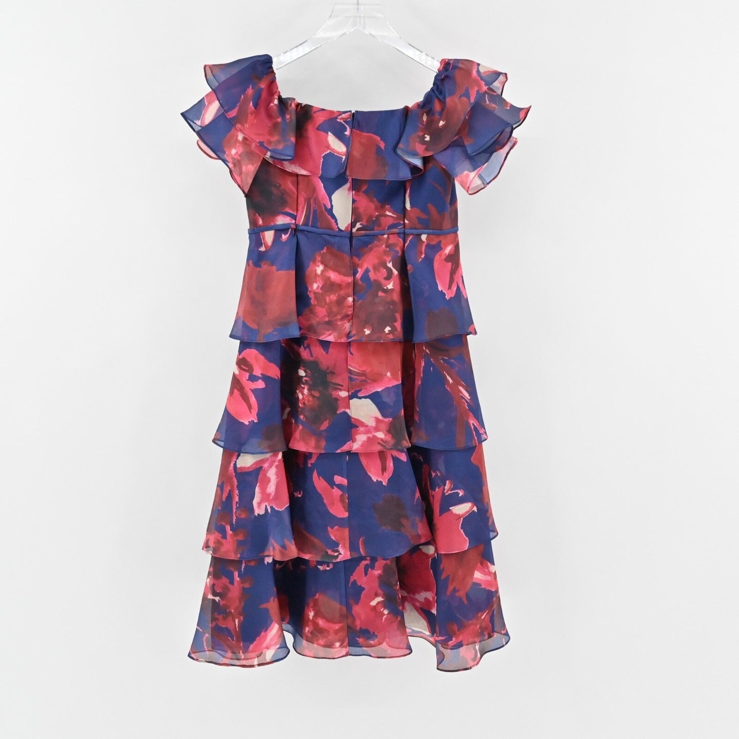 RICKIE FREEMAN TERI JON Tiered Cocktail Dress Sz 6 Blue Floral Off The Shoulder