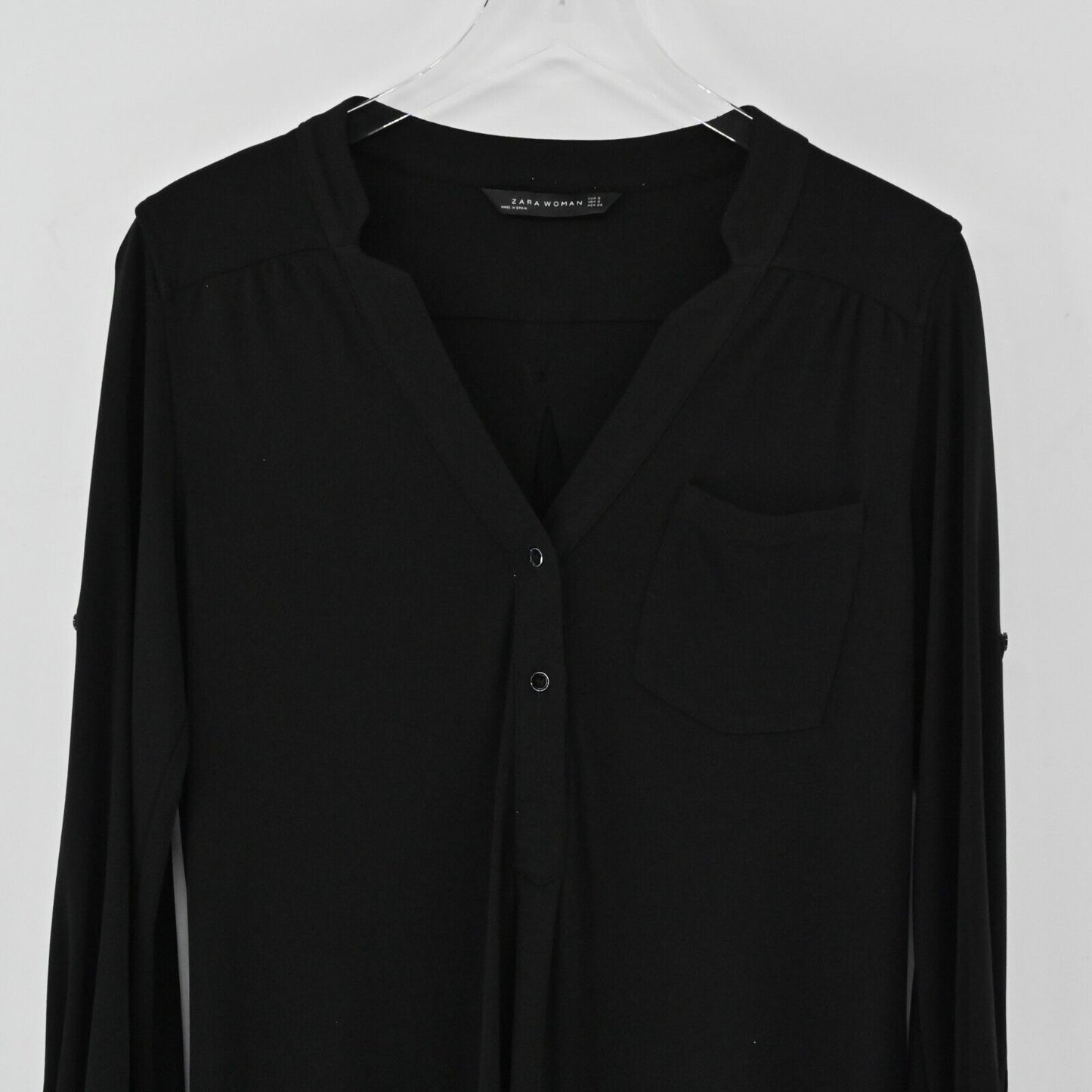 ZARA Dress Womens Size S Solid Black VNeck Shirt Style Relaxed Roll Tab Sleeve