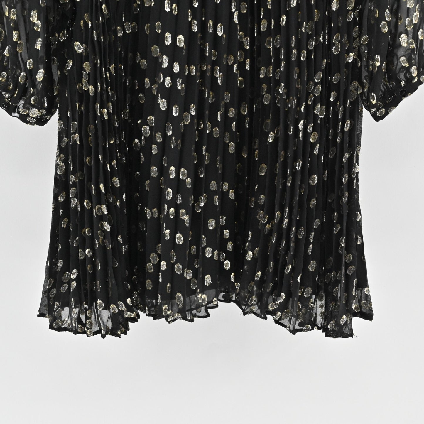 A LOVES A Metallic Dress Size S Black Gold Dot Silk Blend VNeck Accordion NEW