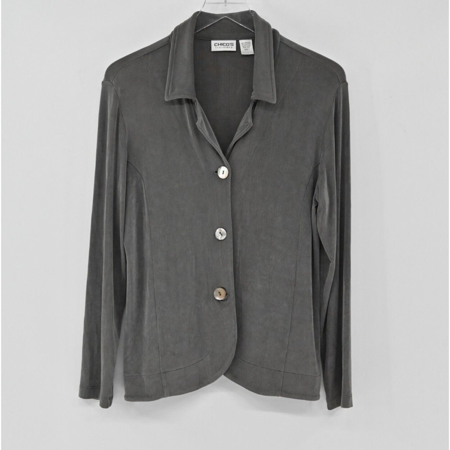 CHICOS Sweater Womens Sz M Travelers Collection Slinky Knit Jacket Grey Capsule