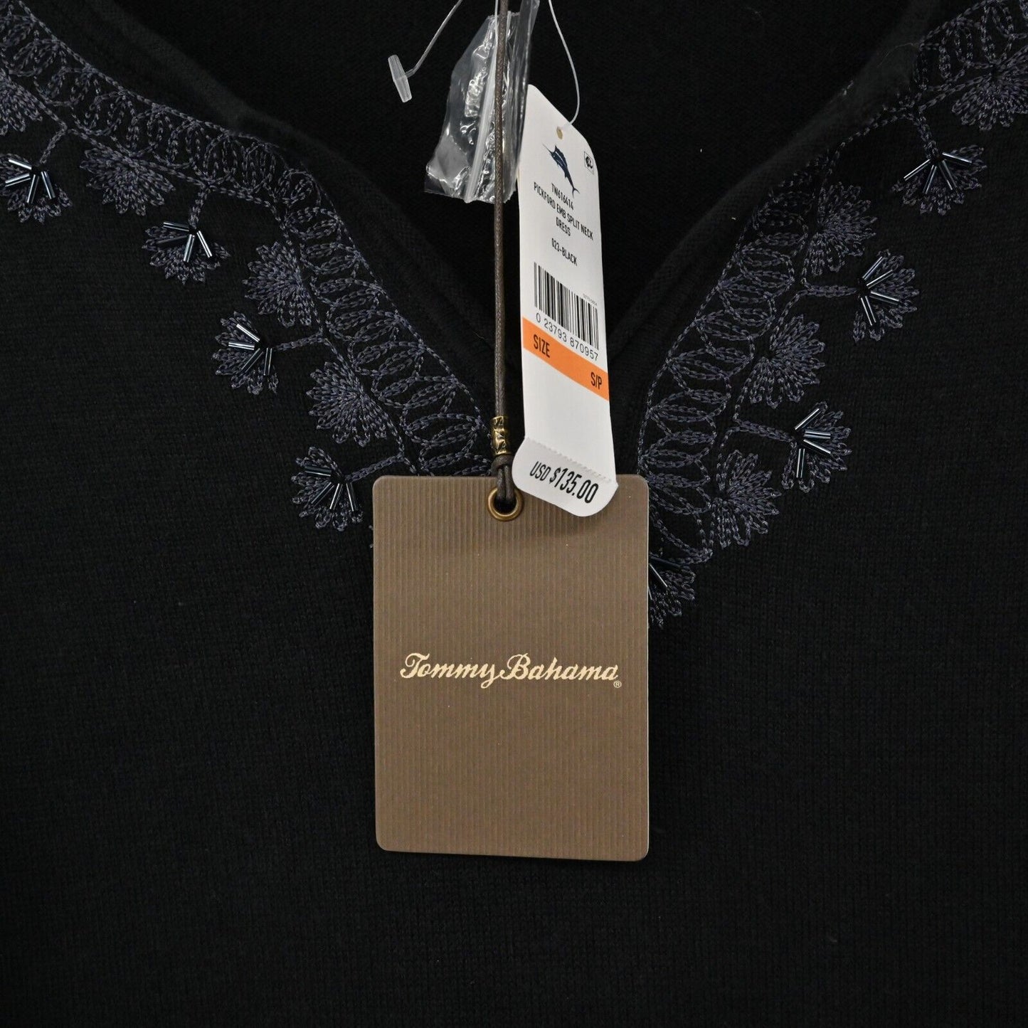 TOMMY BAHAMA Dress Womens Size S Pickford Embroidered Split Neck Black Shift NEW