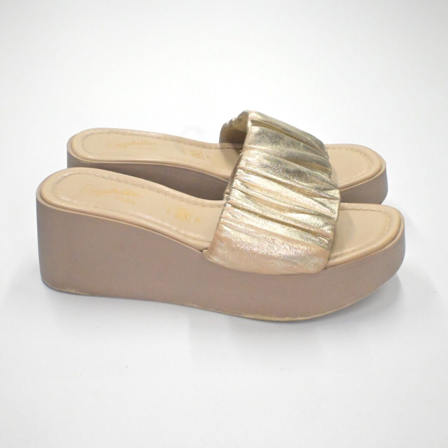 SEYCHELLES Sandals Womens Sz 8 Gold Metallic Leather Coney Island Slide Platform