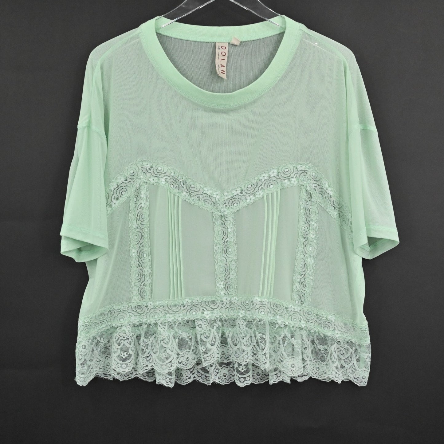 ANTHROPOLOGIE Green Lace Trim Top Womens Size L Dolan Sheer Oversize Boho Blouse