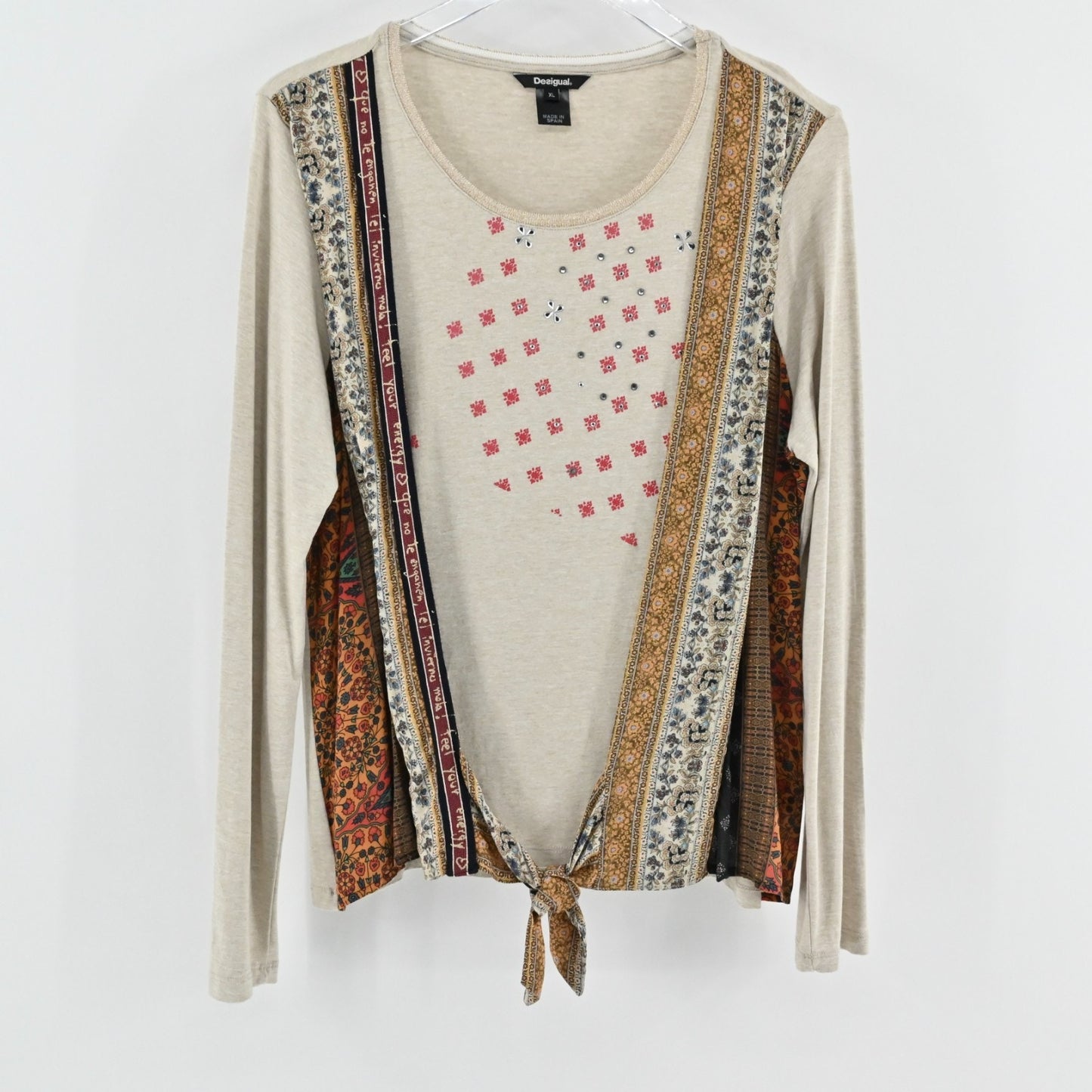 Desigual Womens Tie Front Patchwork Top Size XL Bohemian Artistic Long Sleeve