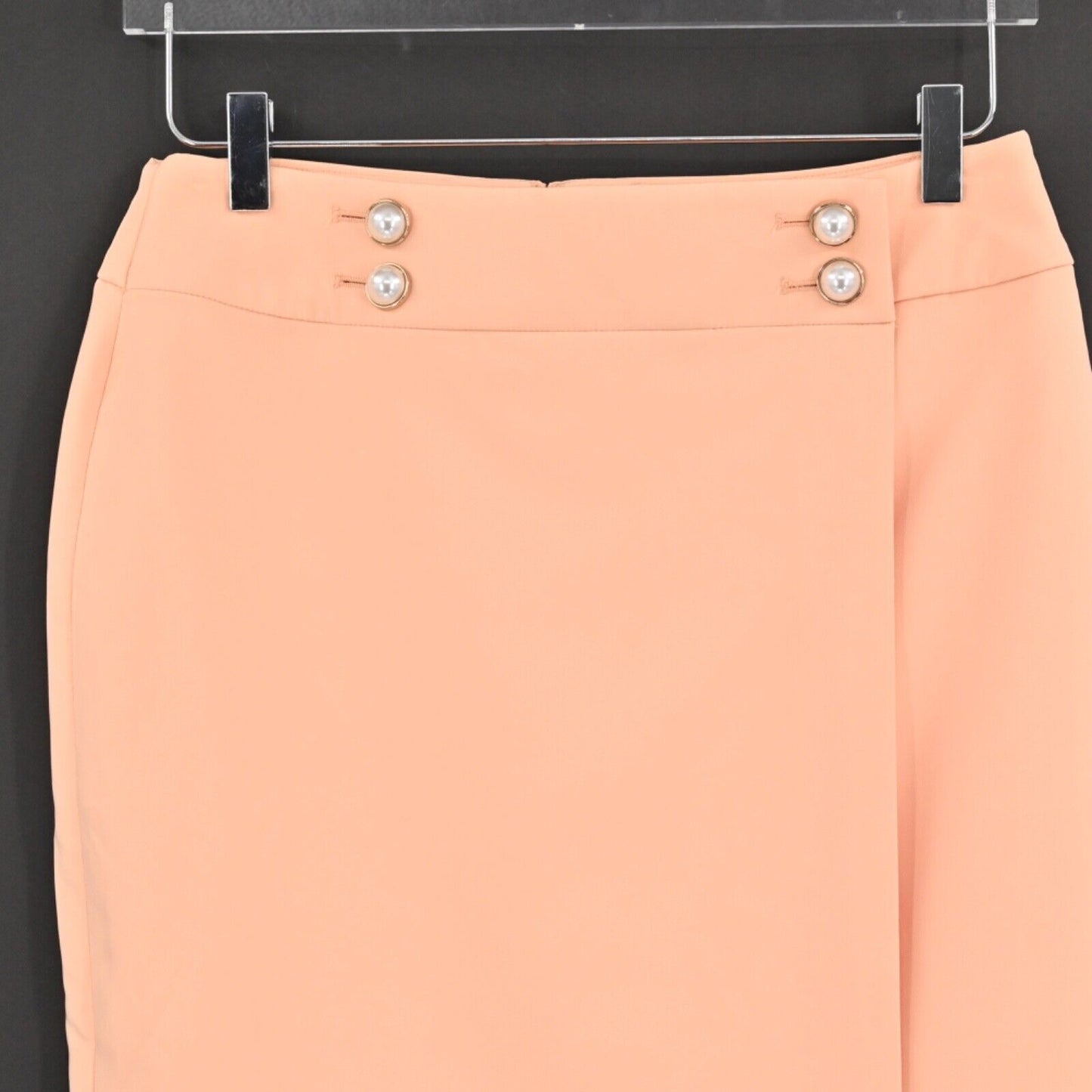 New CALVIN KLEIN Skirt Womens Size 6P Peach Coral Faux Wrap Pencil Pearl Button