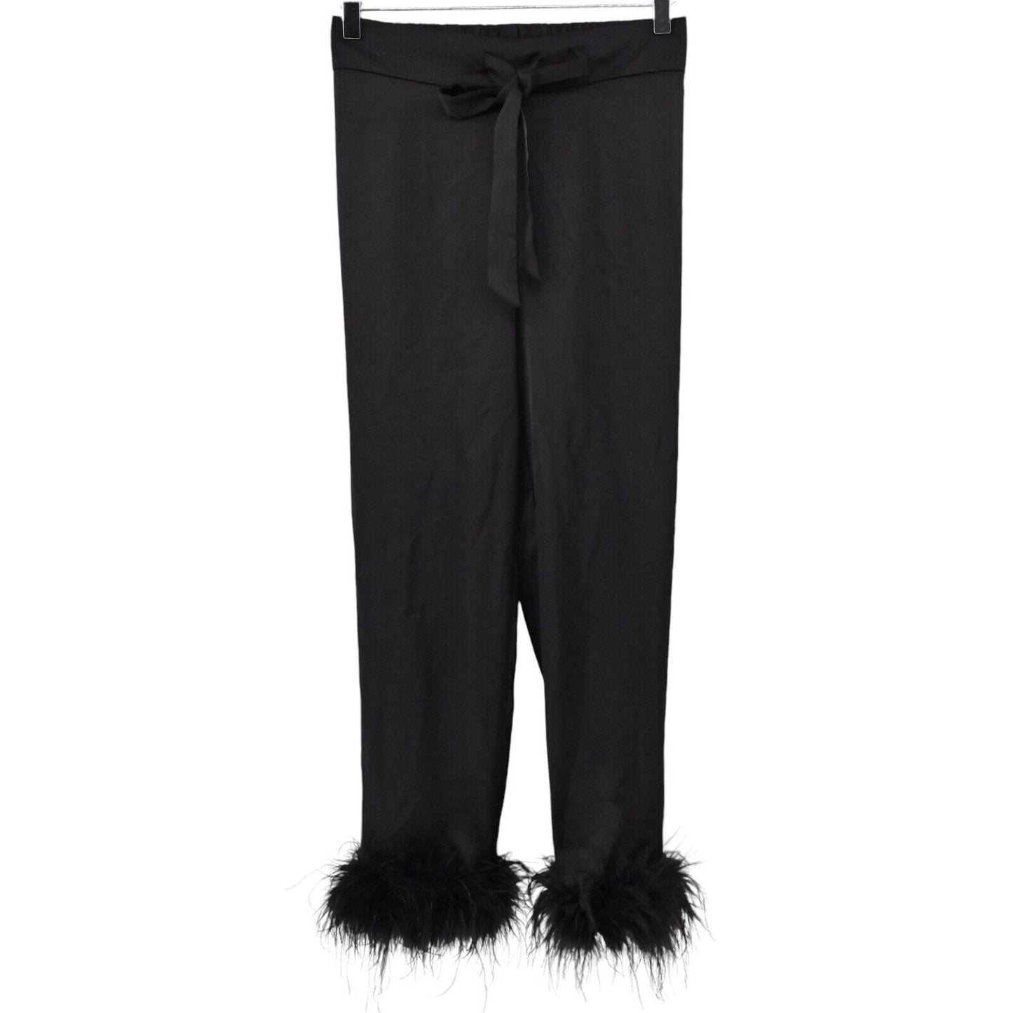 NADINE MERABI Pants Women Sz 2 Black Satin Feather Cuff Darcie Pajama Retro Glam
