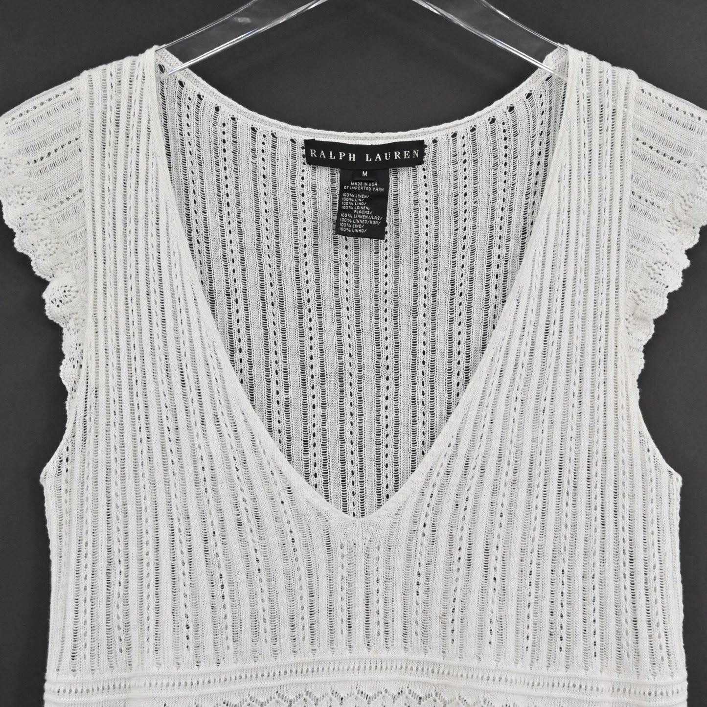 RALPH LAUREN Crochet Top Womens Sz M Black Label White Linen Knit Blouse Capsule