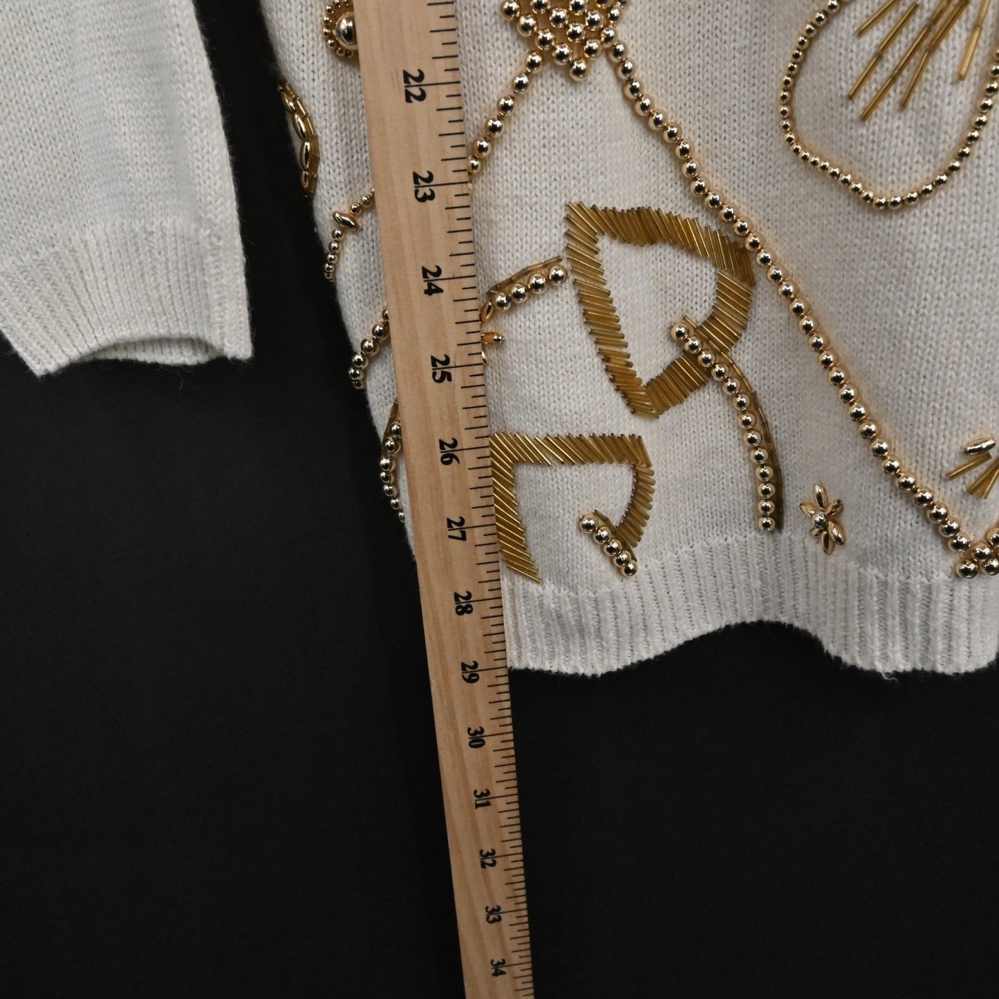 Vtg 80s Womens Gold Beaded Sweater Sz M Cream Victoria Jones Knit Fleur De Lis