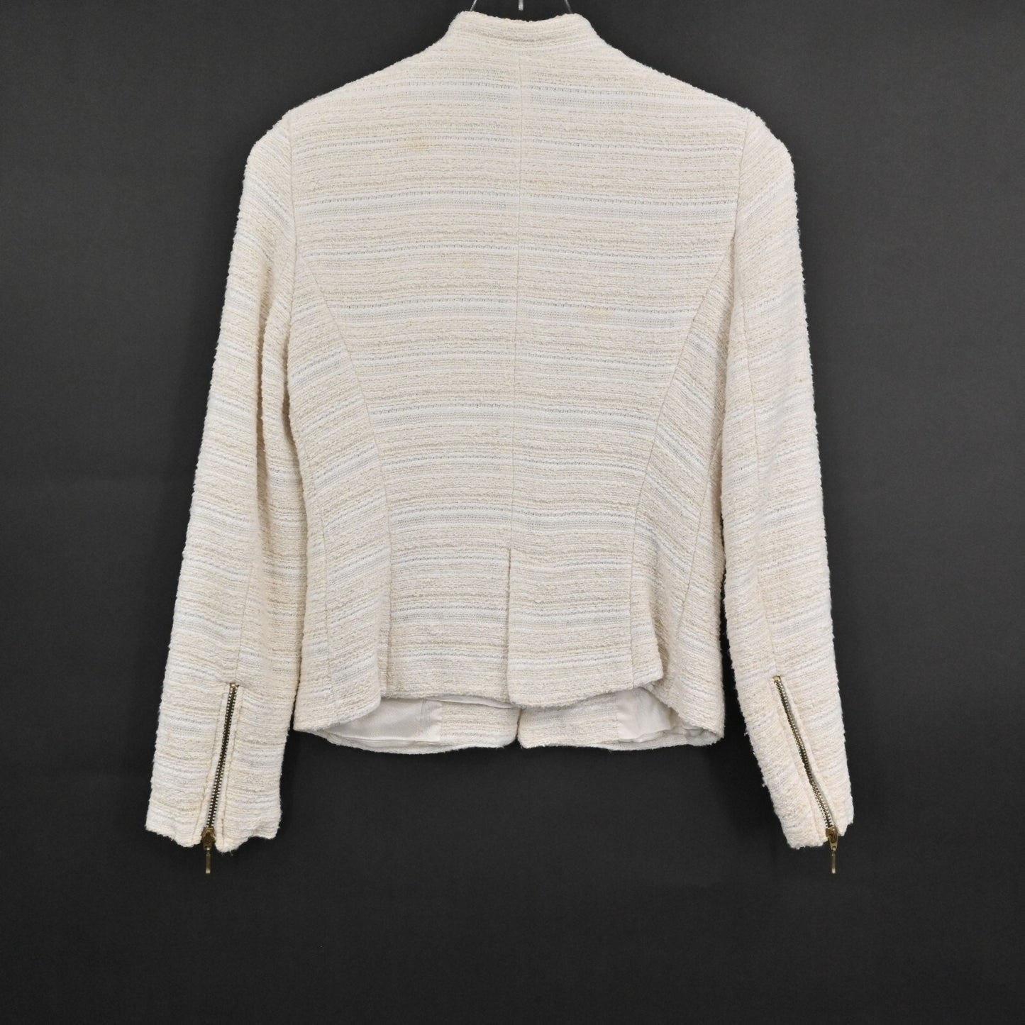 ZARA Womens Tweed Blazer Size S Cream Button Zip Pocket Single Breasted Jacket