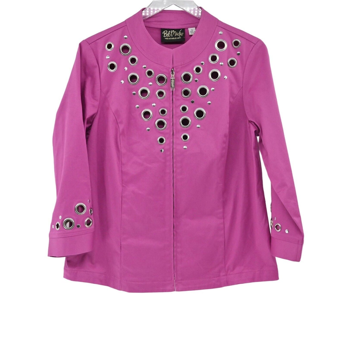 Vtg BOB MACKIE Jacket Womens Size S Pink Grommet Studded 3/4 Sleeve Full Zip 90s