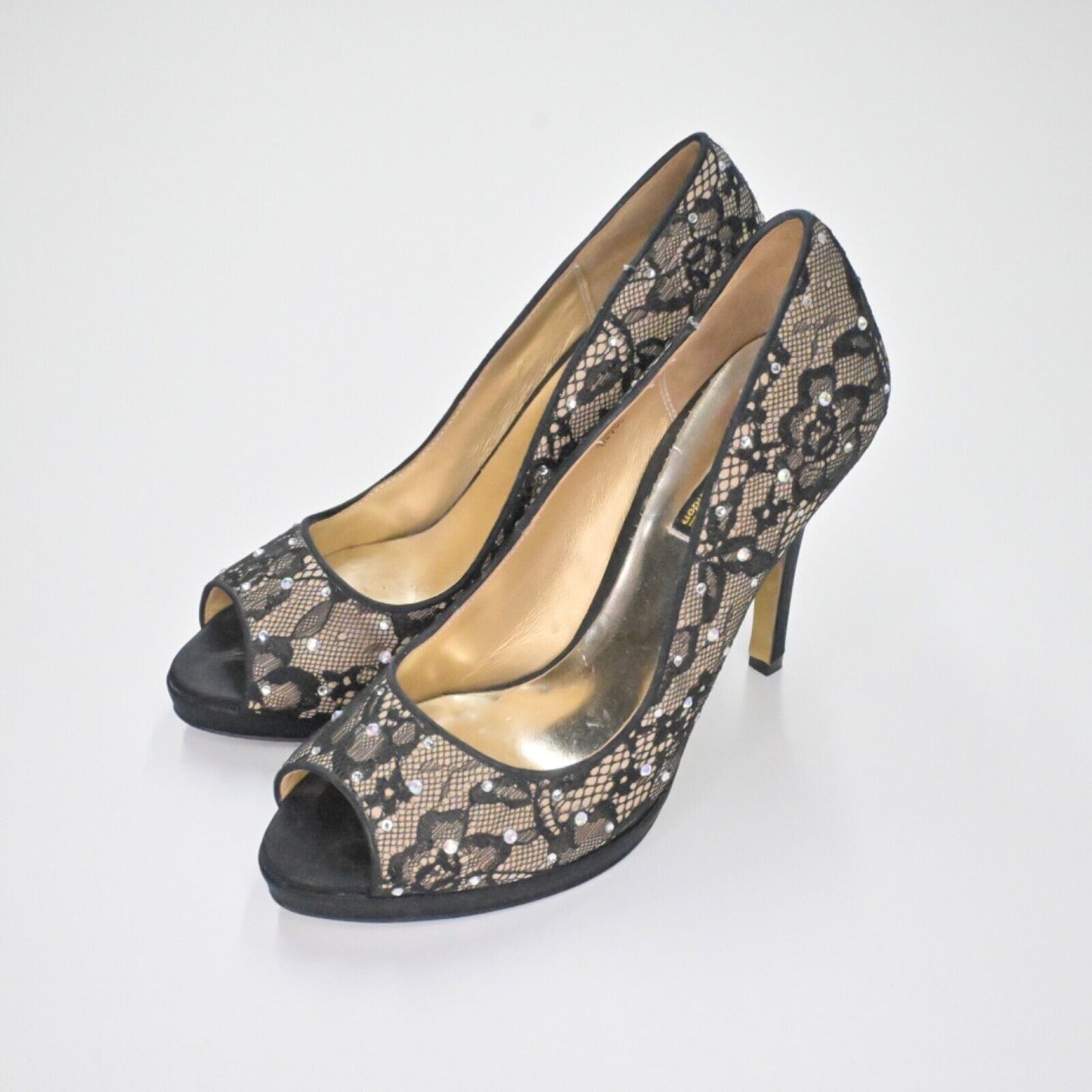 BENJAMIN ADAMS Pumps Womens Sz 7.5 Black Lace Rhinestone Peep Toe Stiletto Heel