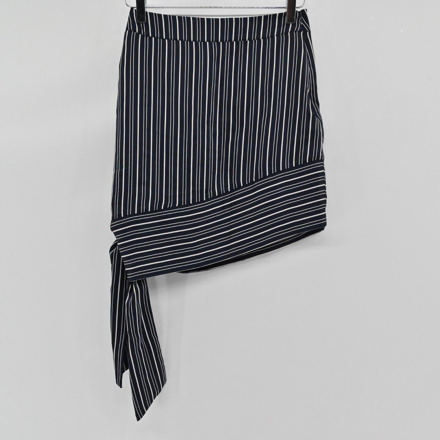 JOA Skirt Womens Sz 8 Navy Blue White Striped Asymmetric Tie Corpcore Office NEW