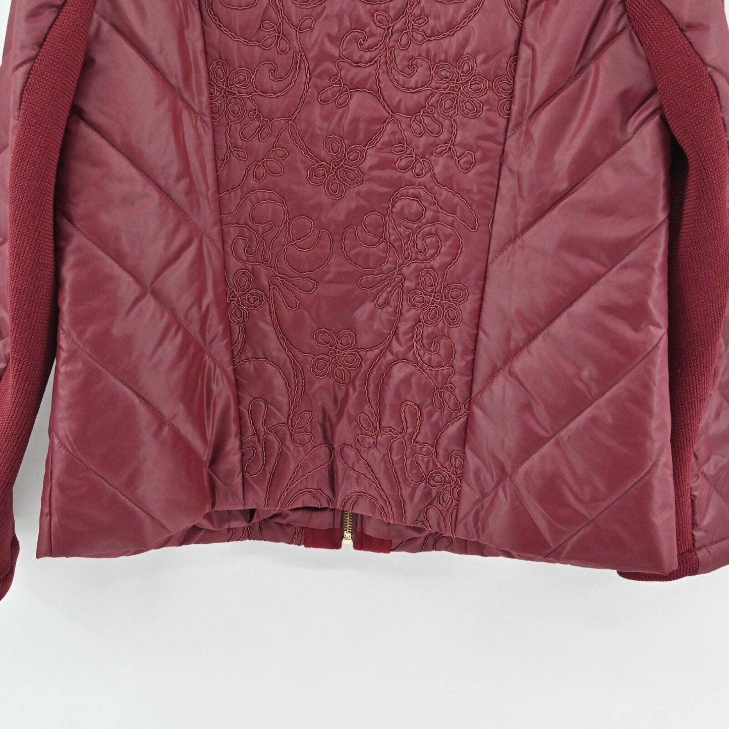 CHICOS Jacket Womens Size M Zenergy Red Maple Velvet Trim Embroidered Zip Front