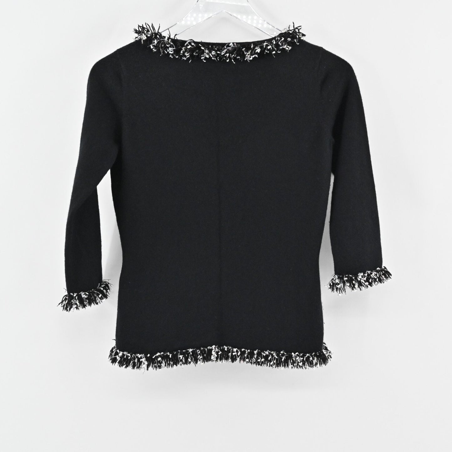 Vtg NEIMAN MARCUS Cashmere Sweater Womens Size S Knit Casual Black Fringe Trim