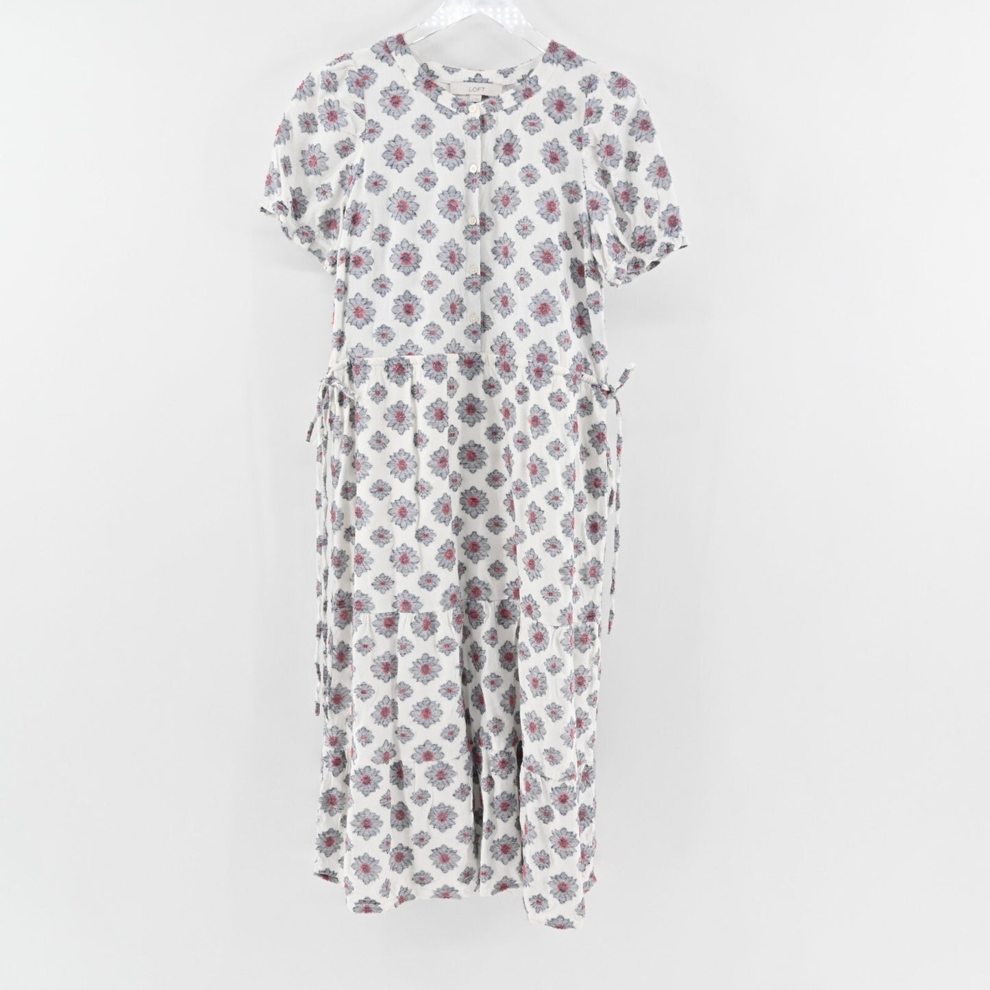 LOFT Dress Size 2 Medallion Print Cinch Side Tie Midi Blue White Short Sleeve