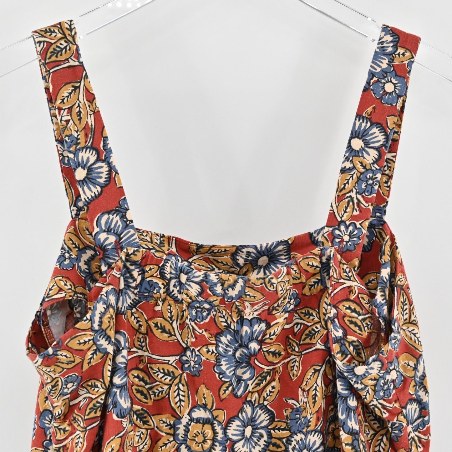 FAHERTY Womens Pacifica Floral Square Neck Top Size L Red Blue Linen Sleeveless