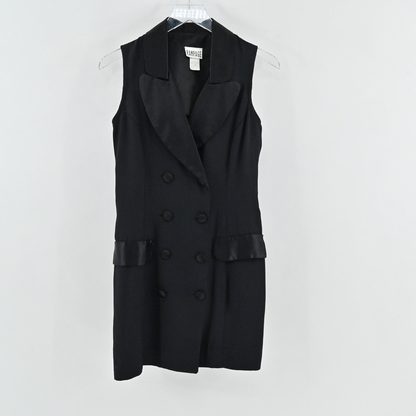 Vtg Y2k Rampage Satin Blazer Dress Size 5 Black Sleeveless Double Breasted USA