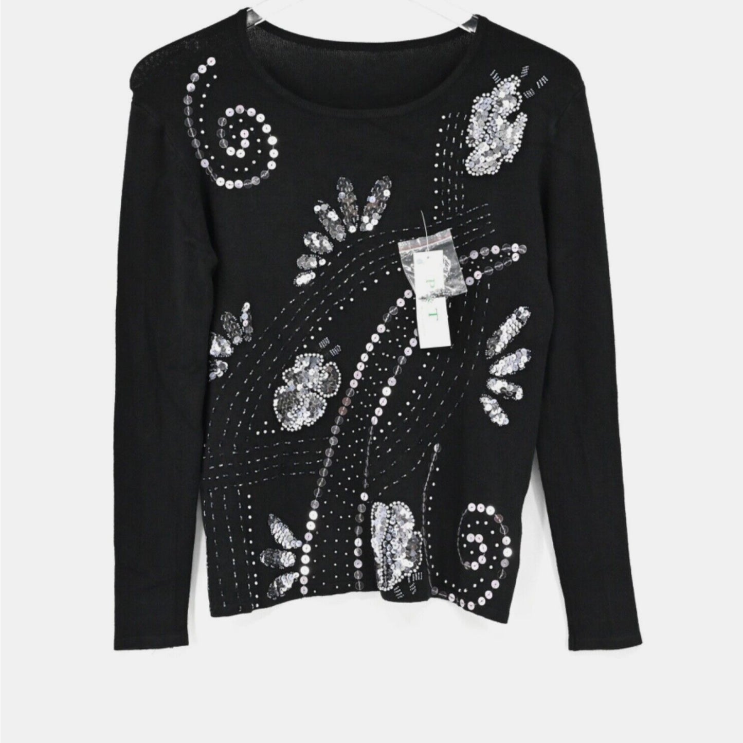 Vtg Y2k Sequin Floral Sweater Womens Size XS Black Knit Beaded Hippie Dead Stock