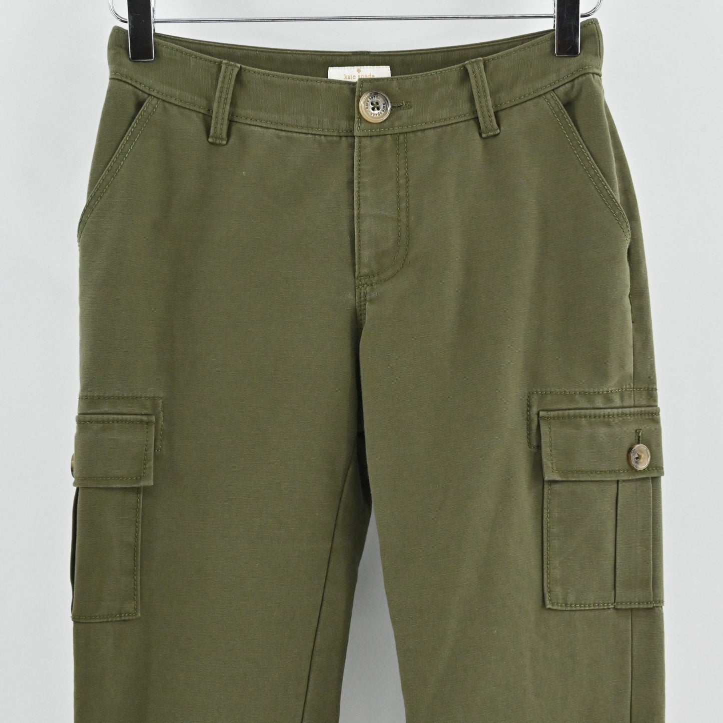 Kate Spade Havana Alma Green Cargo Pants Size 00 Slim Cropped Pocket Zip Trouser