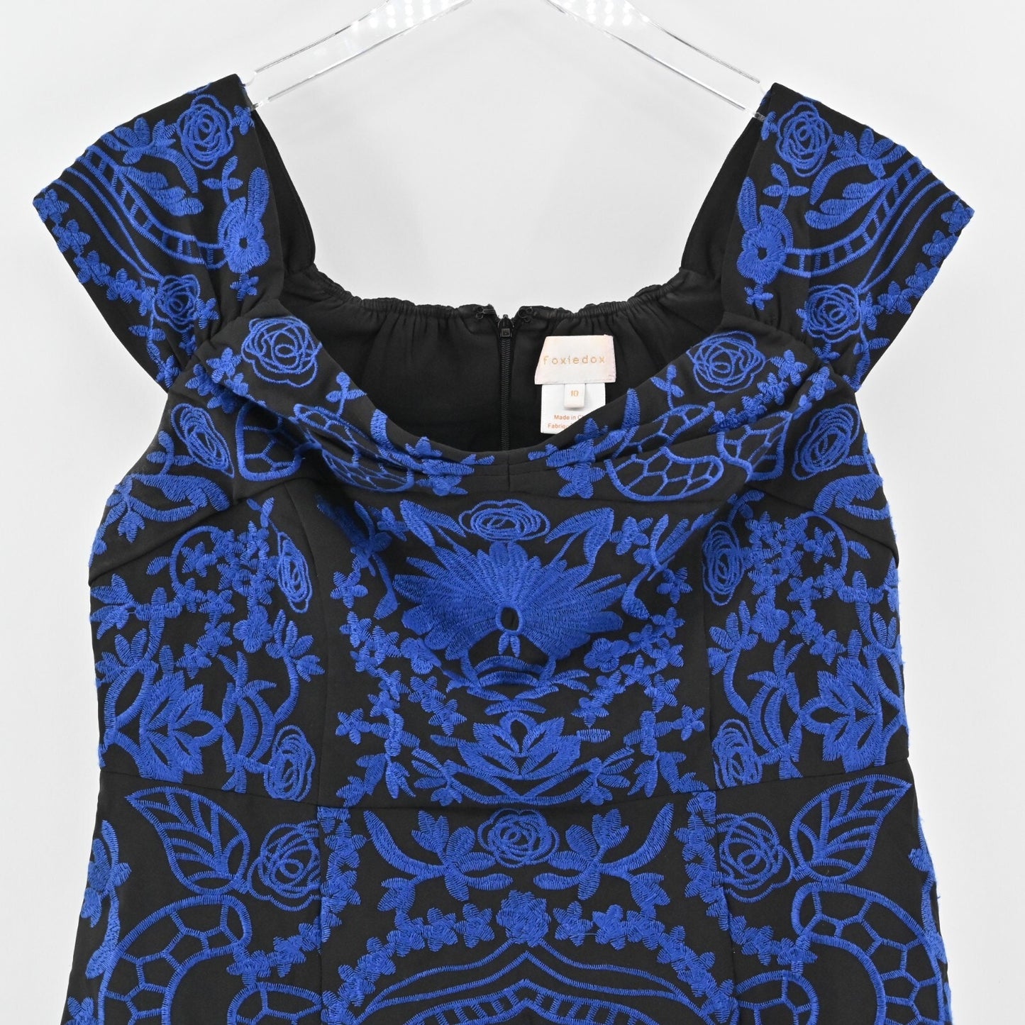 Anthropologie Dress Size 10 Betina Embroidered Black Cobalt Blue Mini Foxiedox