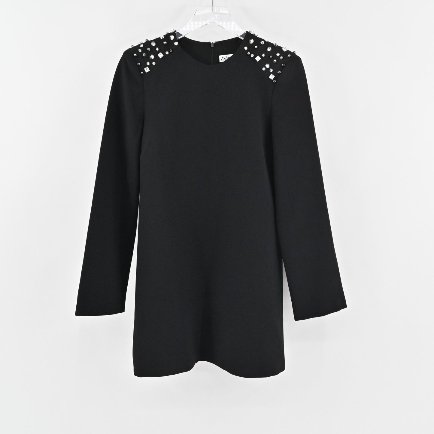 ZARA Studded Dress Size M Black Long Sleeve Shoulder Detail Mini Elevated Chic