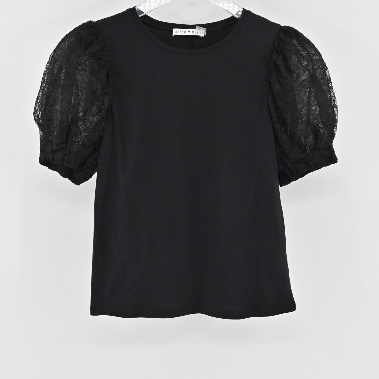 Alice Olivia Womens Posey Top Size XS Black Lace Silk Puff Sleeve Chic Blouse