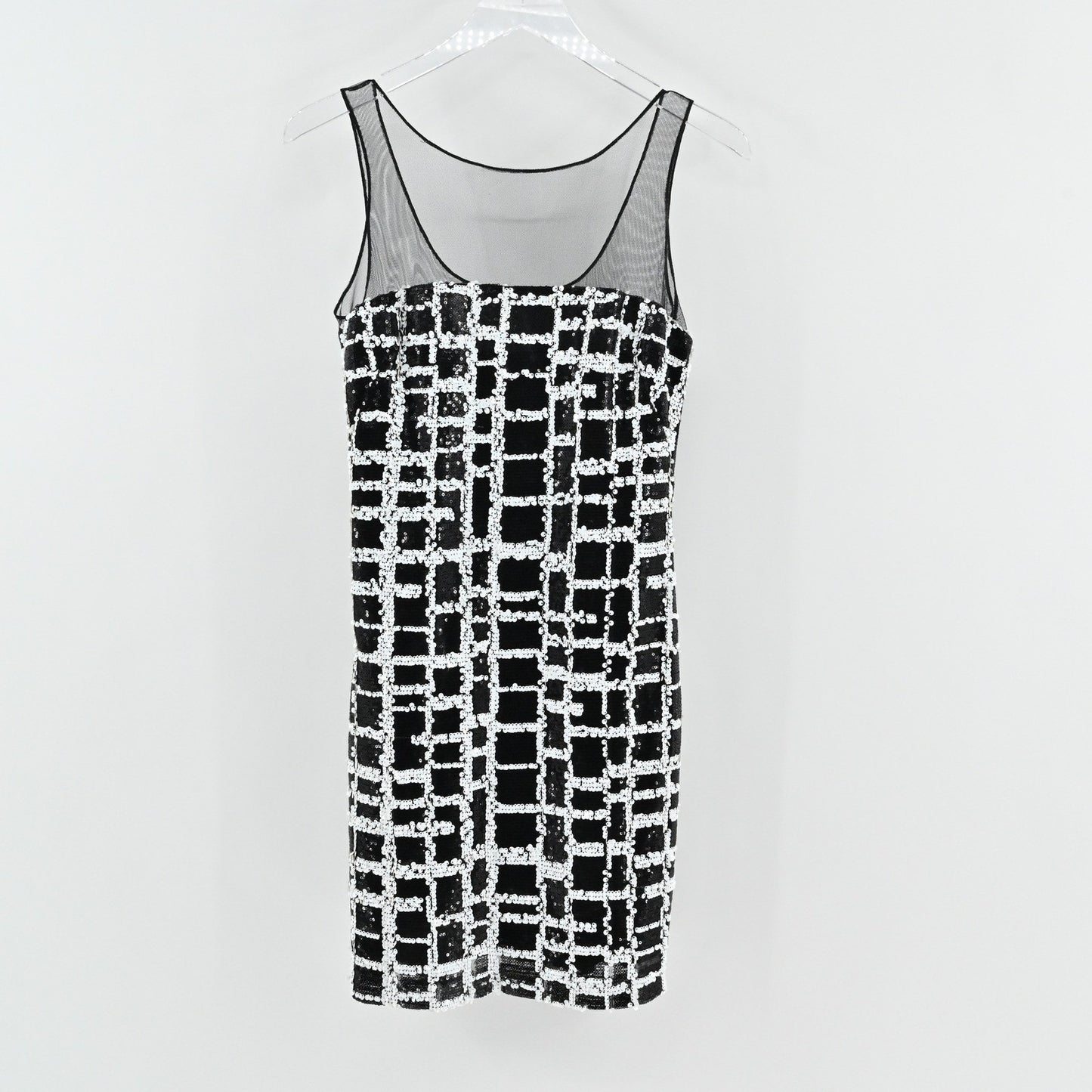 Aidan Mattox Sequin Mini Dress Size 2 Black White Sheath Sleeveless Mesh Glam