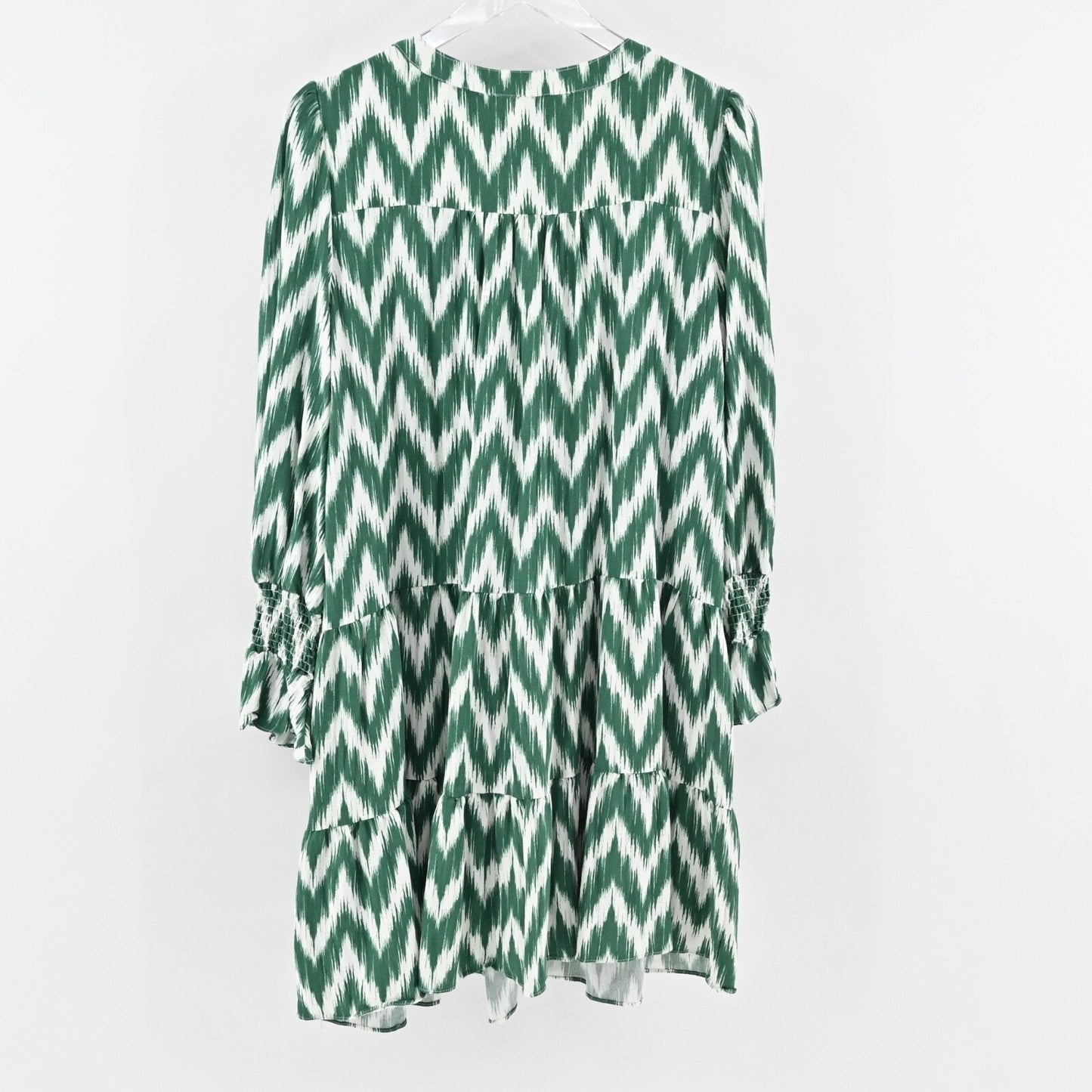 POMANDER PLACE Ikat Kenzo Dress Sz 2XL Green Chevron Ruffle Tiered Tuckernuck