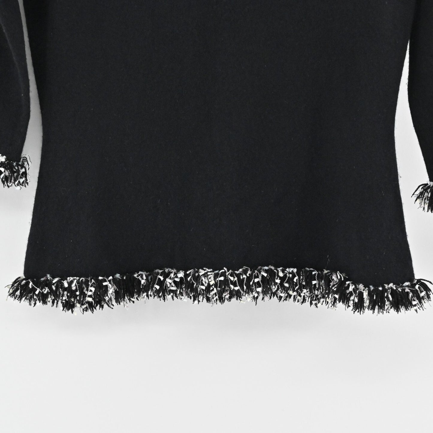 Vtg NEIMAN MARCUS Cashmere Sweater Womens Size S Knit Casual Black Fringe Trim