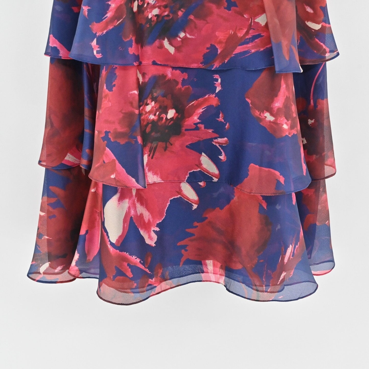 RICKIE FREEMAN TERI JON Tiered Cocktail Dress Sz 6 Blue Floral Off The Shoulder