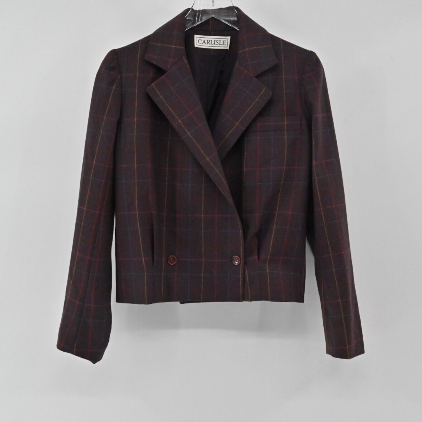 Vtg CARLISLE Blazer Womens Sz 6 Purple Windowpane Plaid Crop Double Breasted 80s