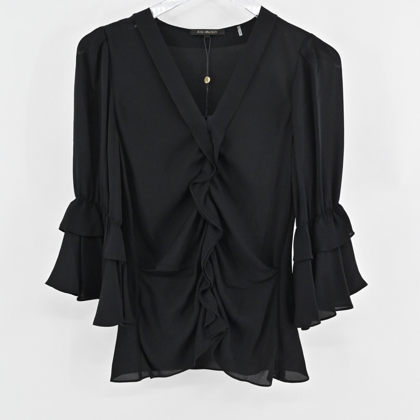 KOBI HALPERIN Womens Silk Top Size XS Demy Black Ruffle Whimsigoth Blouse NEW