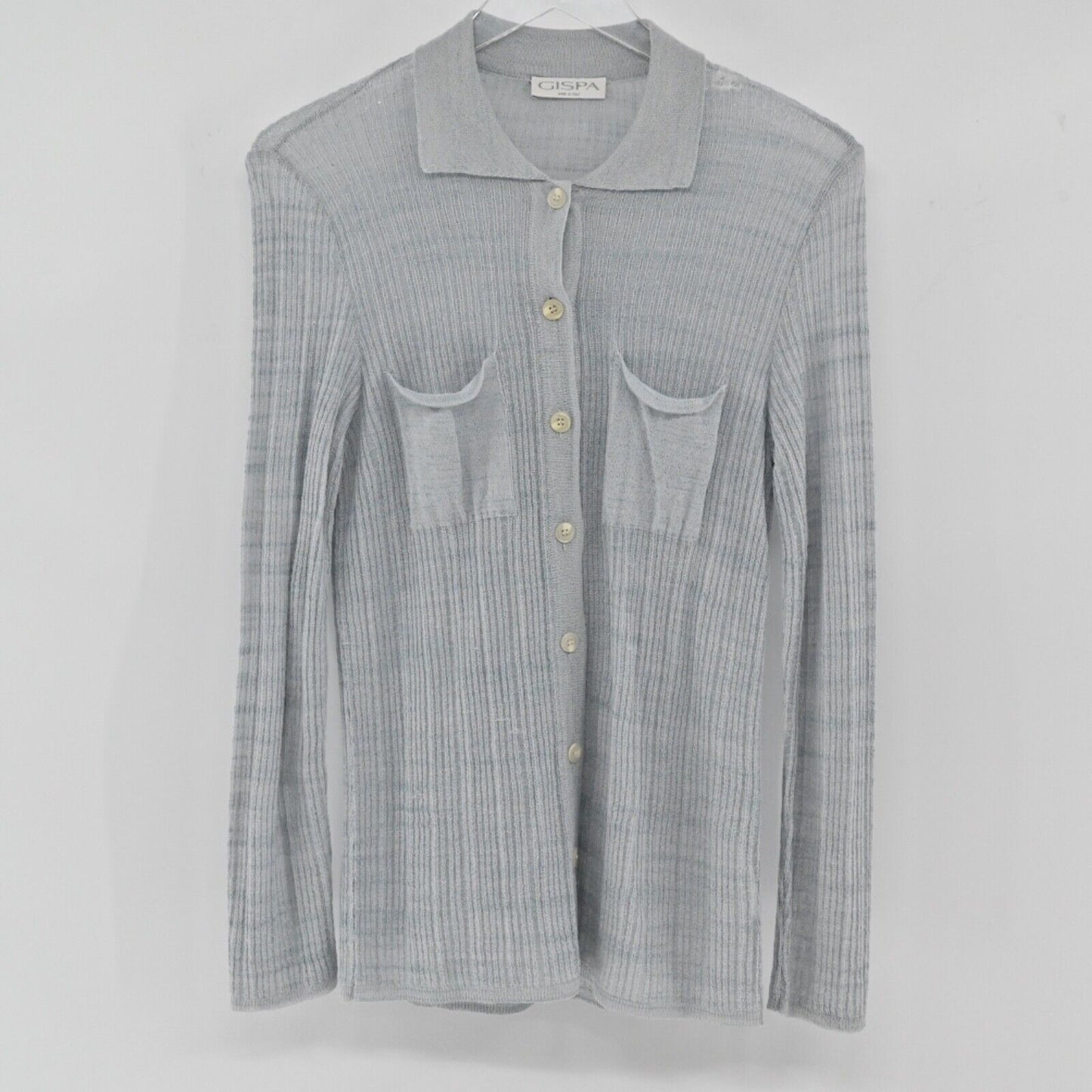 Vtg GISPA Top Womens Sz M Gray Ribbed Knit Pocket Button Up Italy Retro 00s Y2K