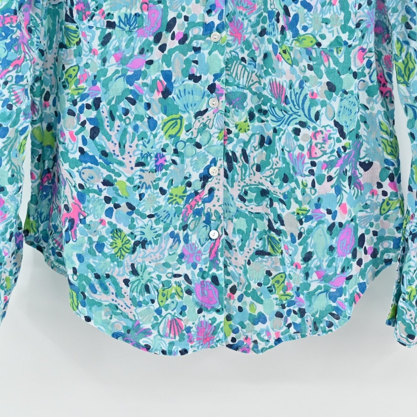 Lilly Pulitzer Sea View Linen Button Down Top Size XS Multi Dive Bar Button Blue