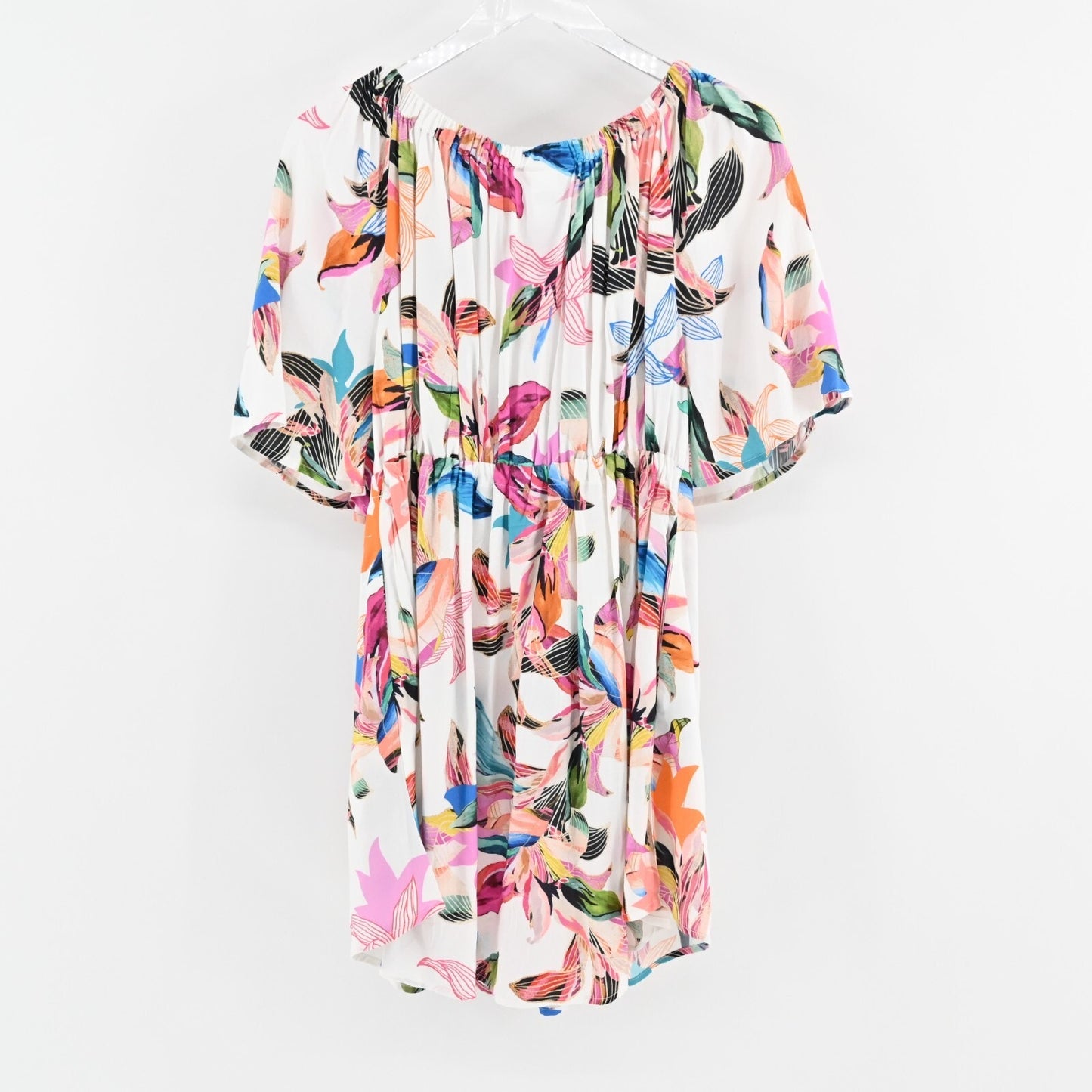 LA BLANCA Dress Size L Paradise Floral ALine Mini White Multi Off Shoulder