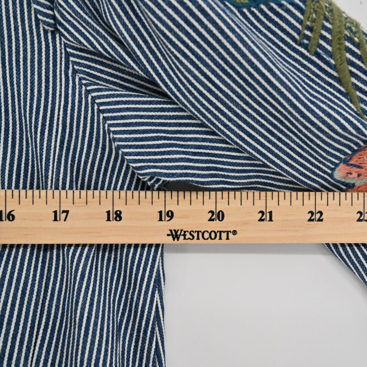 ZARA Top Womens Size XS Blouse Floral Embroidered Stripe Balloon Sleeve Denim