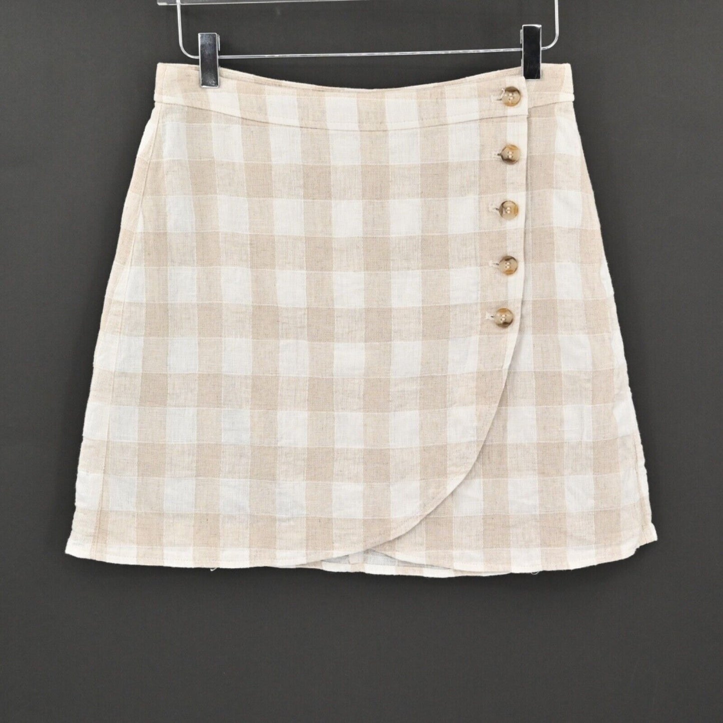 MADEWELL Skirt Womens Size 8 Tulip Hem Wrap Mini Tan Buffalo Check Linen Cotton