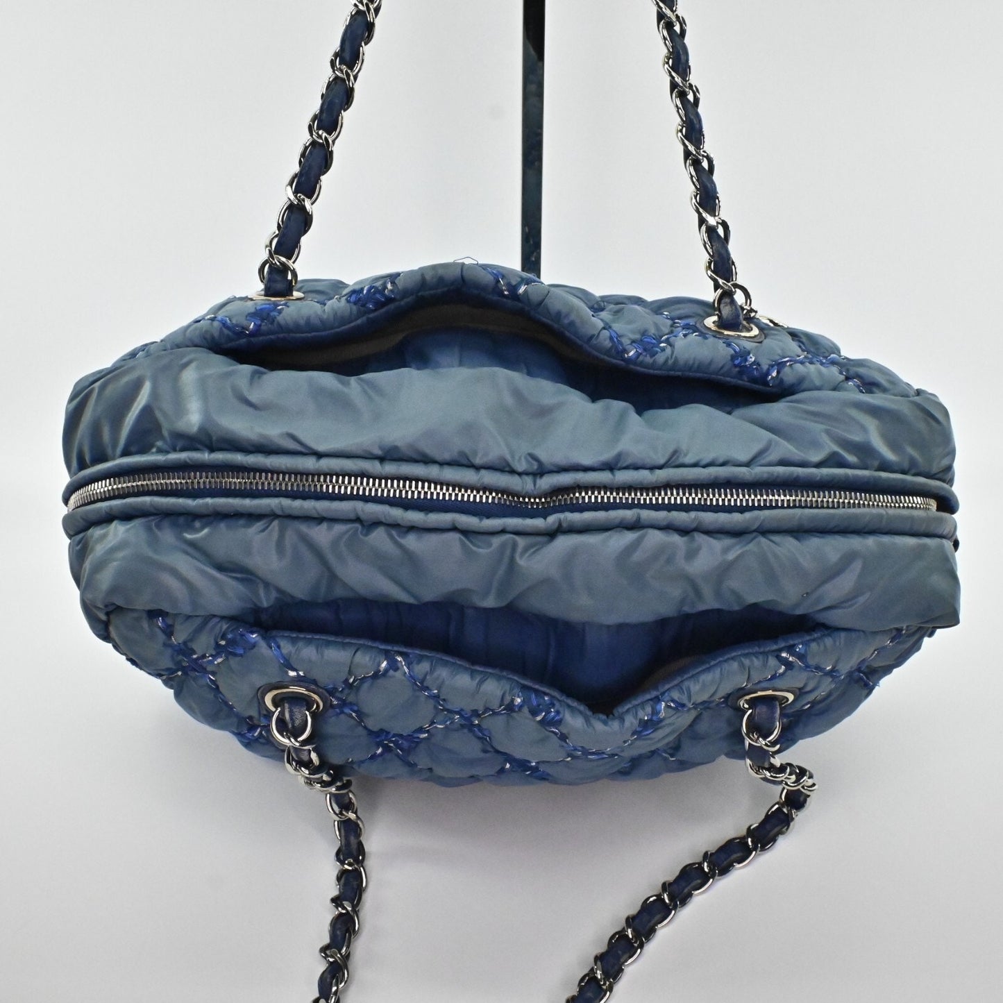 CHANEL Shoulder Bag Byzance Tweed On Stitch Blue Nylon Quilted Chain Strap