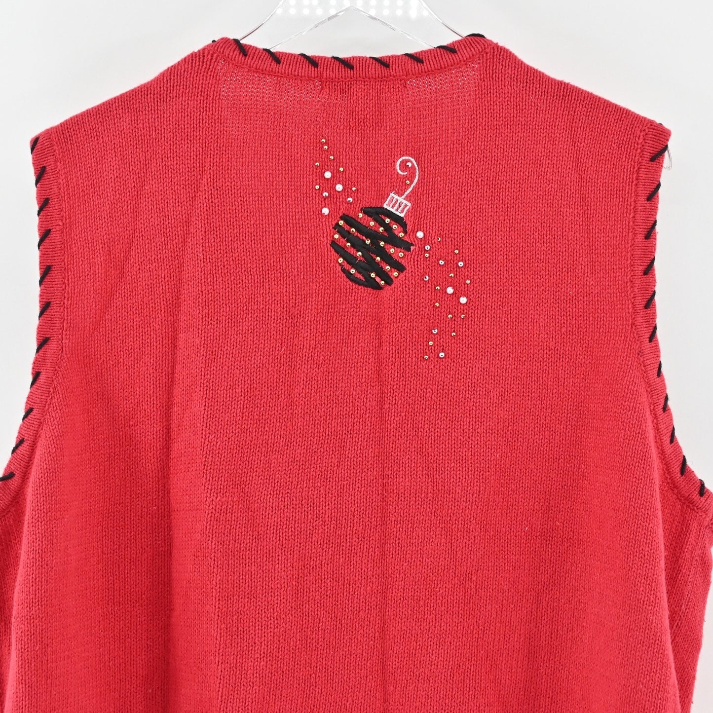 Vtg Holiday Sweater Vest Womens 2XL Beaded Red Ugly Christmas Ornaments Knit 80s