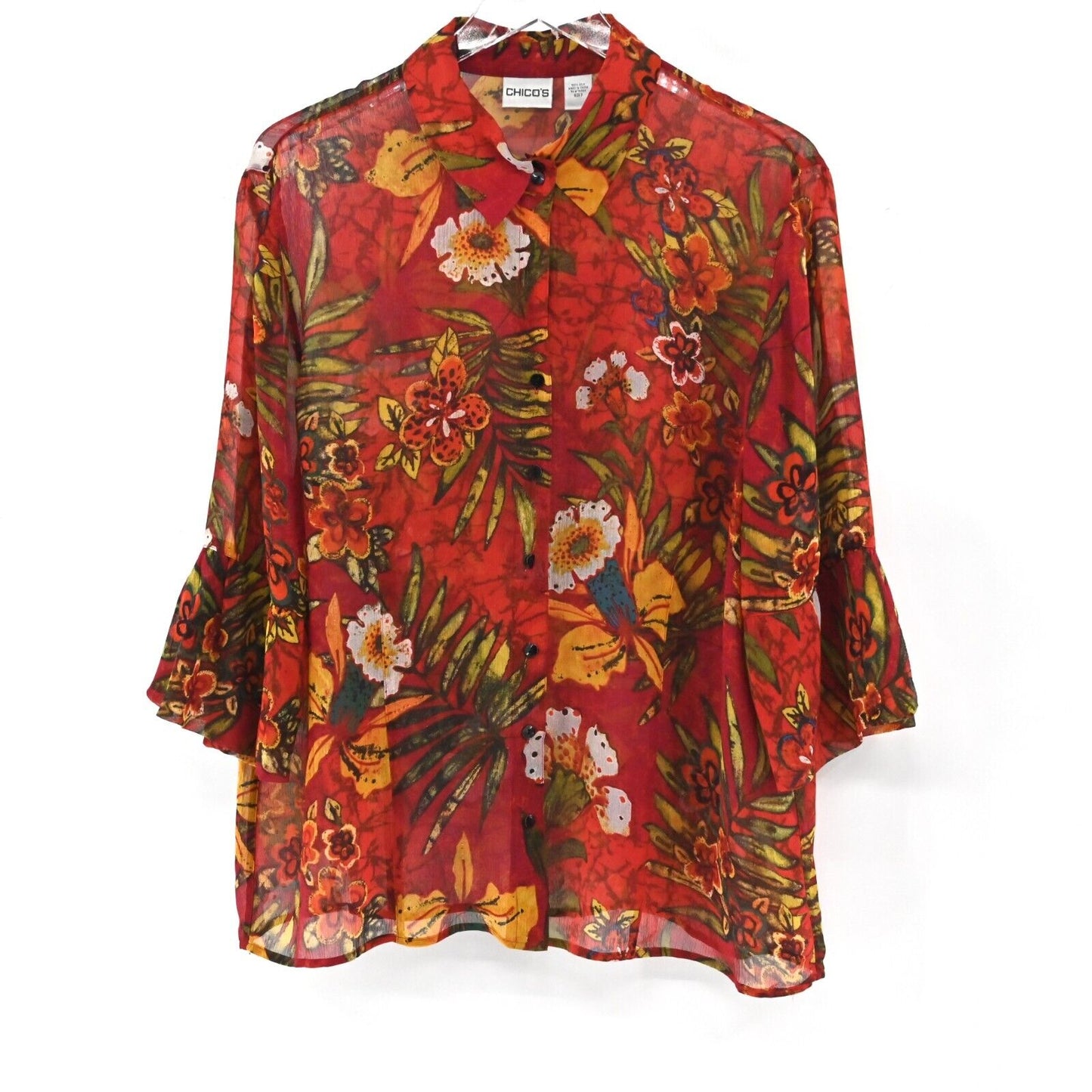Vtg CHICOS Top Womens Size XL Red Tropical Floral Button Up Silk Bell Sleeve 00s