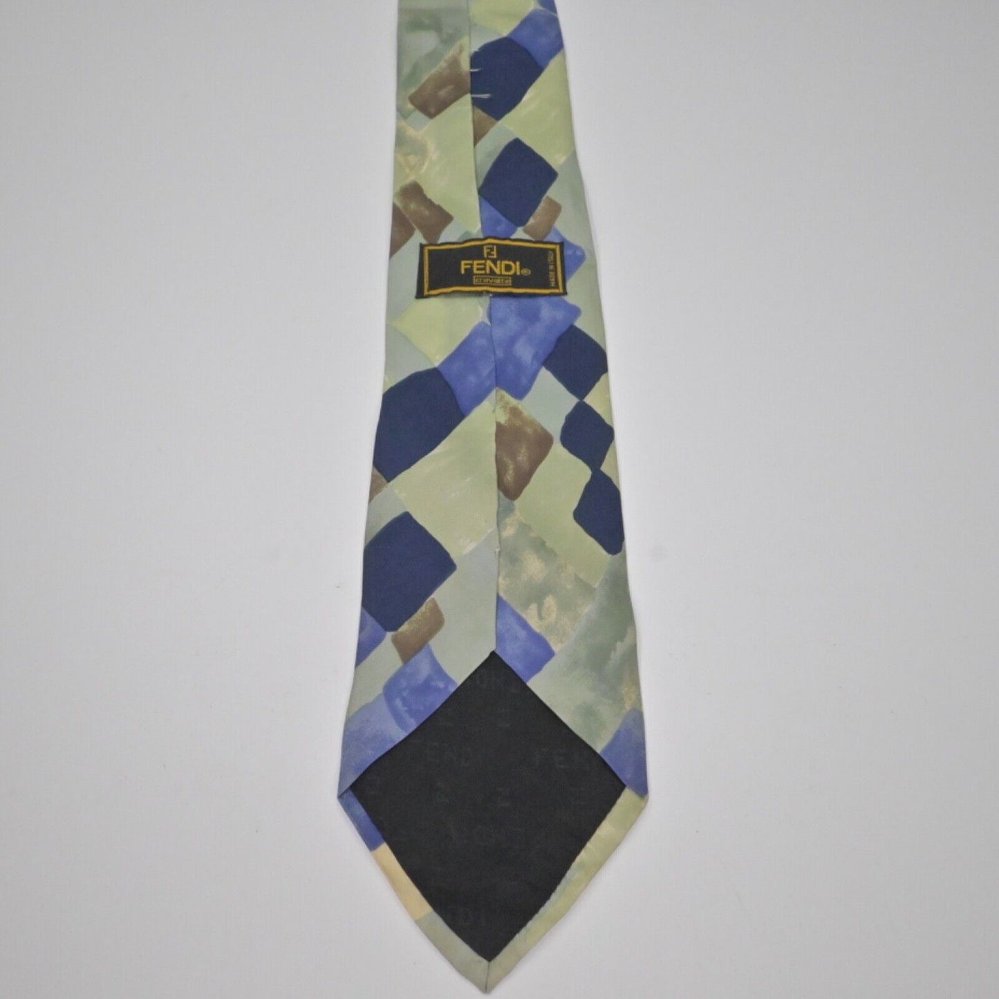 Vtg FENDI Dress Tie Mens Silk Made In Italy Geometric Watercolor Green Blue 80s