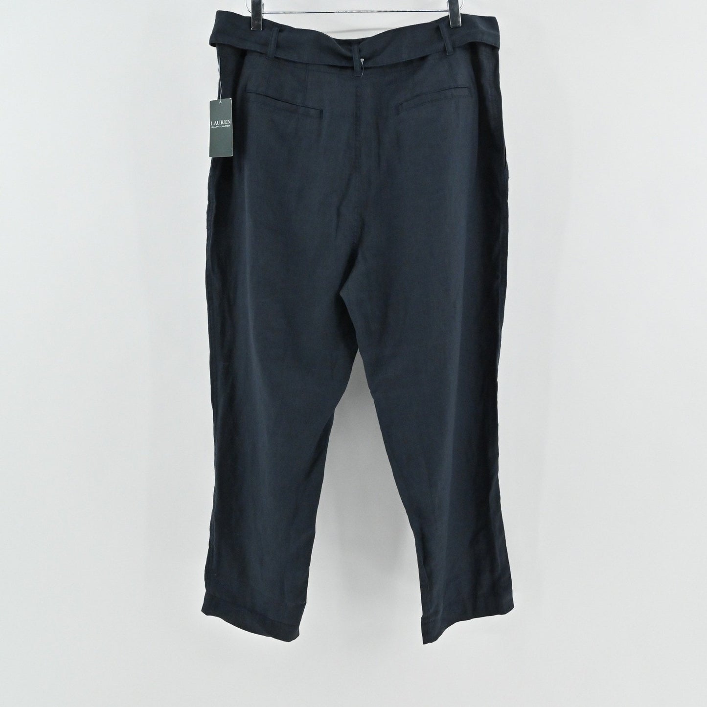 Ralph Lauren Womens Cropped Linen Pants Size 14 Navy Tie Waist Preppy Summer LRL