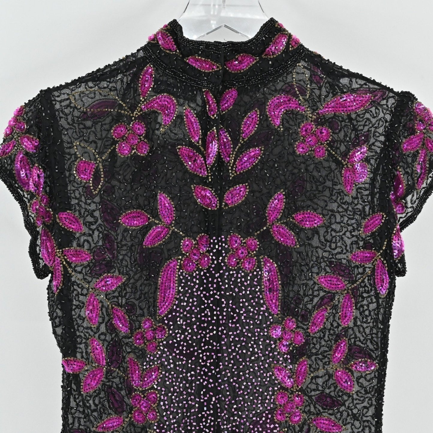 Vtg 80s Papell Boutique Silk Beaded Top Size S Black Pink Sequined Retro Glam