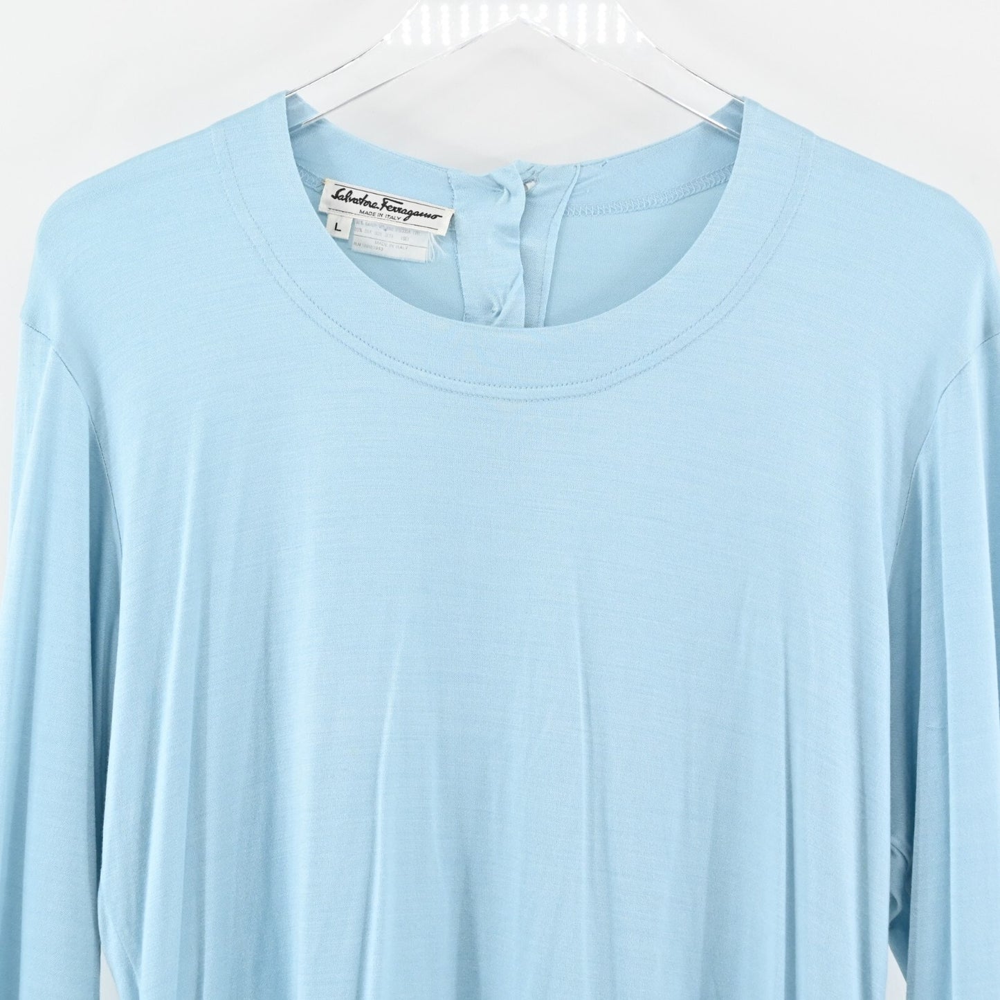 Vtg SALVATORE FERRAGAMO Top Womens Sz L Silk Blue Blouse Minimalist Quiet Luxury