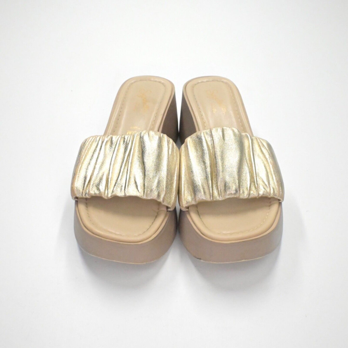 SEYCHELLES Sandals Womens Sz 8 Gold Metallic Leather Coney Island Slide Platform