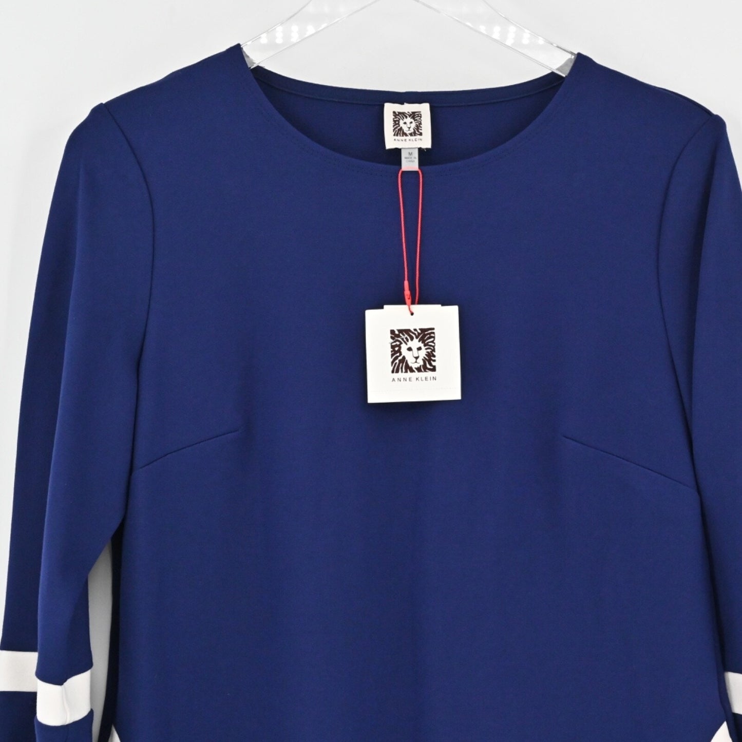 ANNE KLEIN Womens Blue Knit Dress Size M Shift Stripe Bell Sleeve Pockets NEW