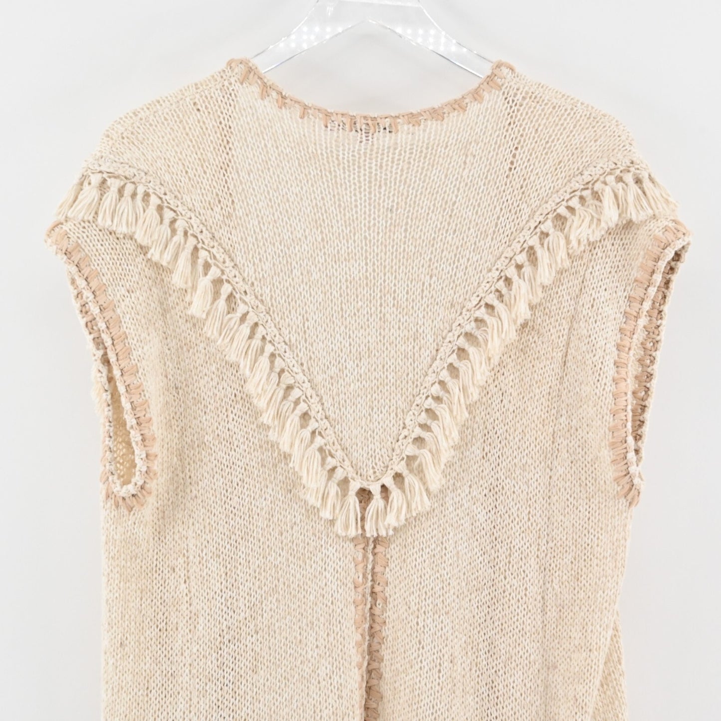 CALYPSO St Barth Cardigan Sweater Womens Size 0 Beige Knit Fringe Boho Festival