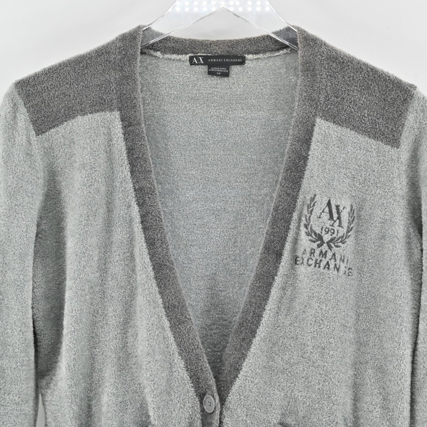 ARMANI EXCHANGE Womens Cardigan Sweater Size S Academic Gray Logo Patch Pocket